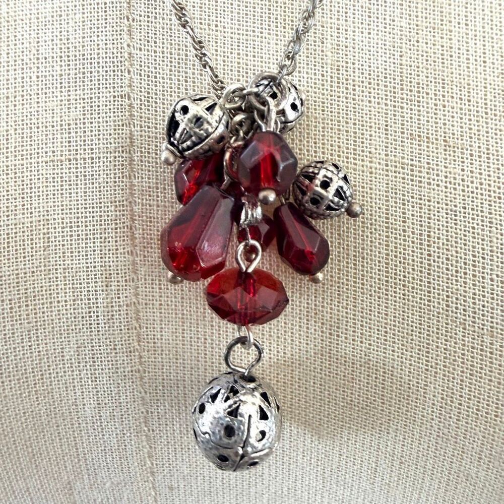 Baked Beads Red Glass & Silver-Tone Dangle Necklace
